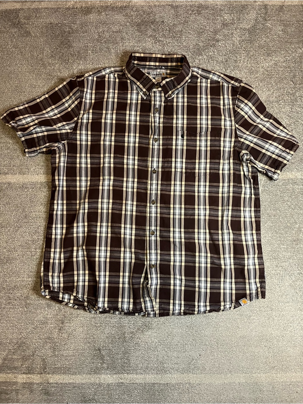 Carhartt Brown and White Plaid Short-Sleeve Button-Down Shirt  E1-85 100% cotton
